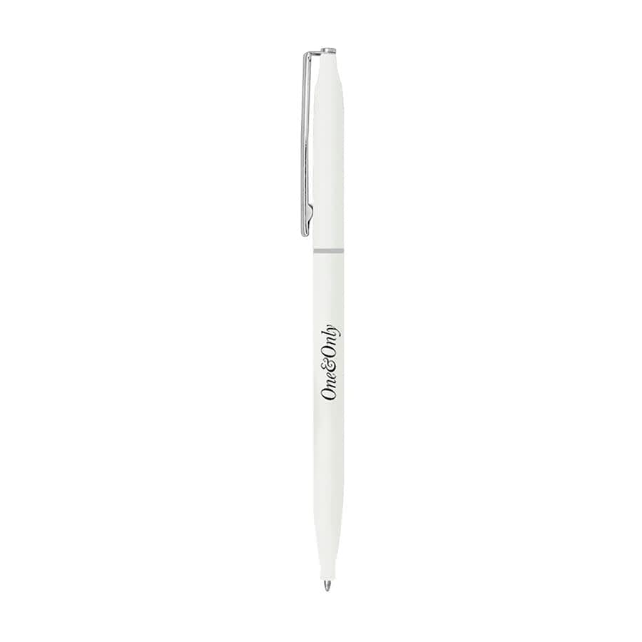A metal ball pen in white with a silver clip and branding.