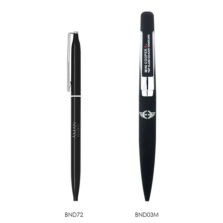 A metal ball pen in black with a sleek design and a logo on it, complementing another pen alongside.