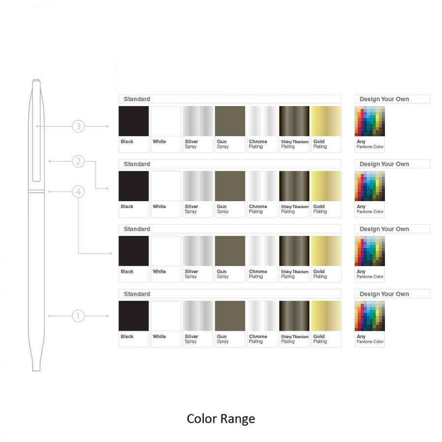 A range of metal ball pens in various colours, including black, white, silver, and gold, with a logo present.