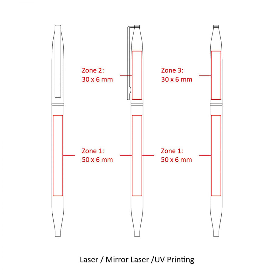 A metal ball pen design blueprint with labelled zones, featuring a sleek, thin twist mechanism.
