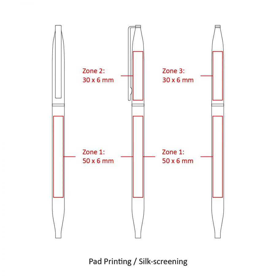 A metal ballpoint pen with a slim design, featuring a clip and areas for custom branding. Available in multiple colours.