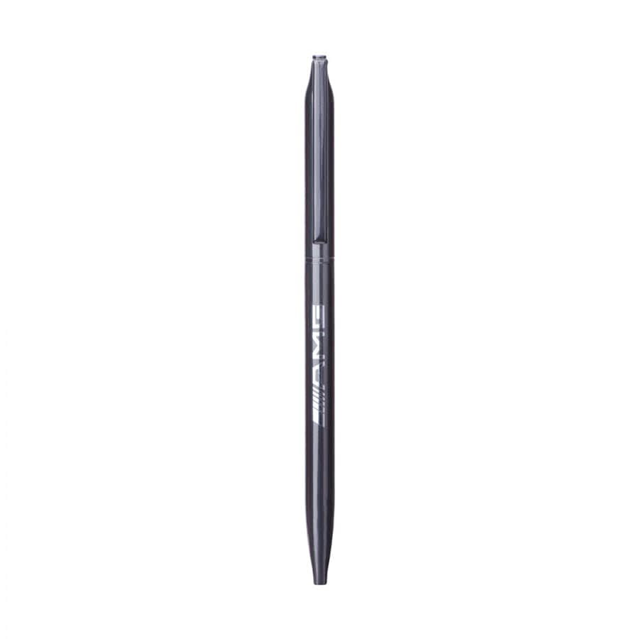 A black metal ballpoint pen with a thin twist mechanism and a branding logo.