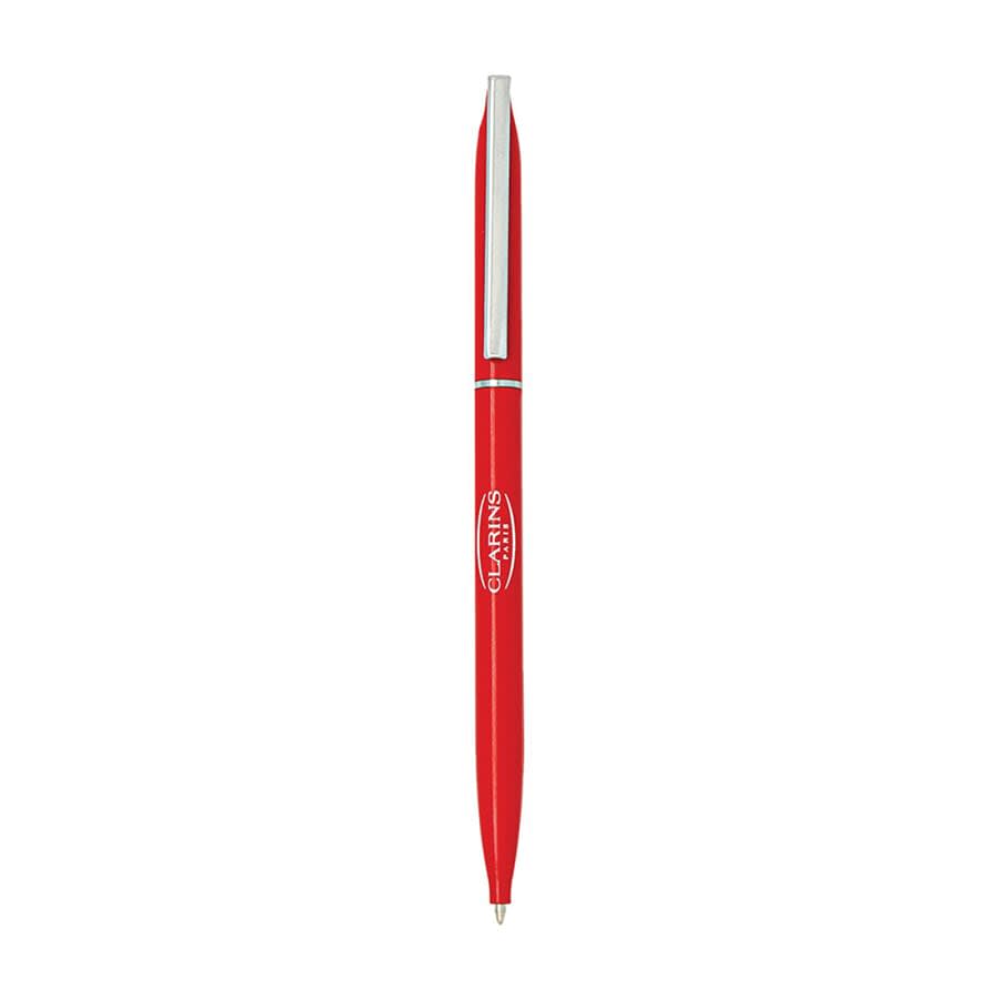 A red metal ballpoint pen with a thin twist mechanism and a silver clip, featuring a logo.