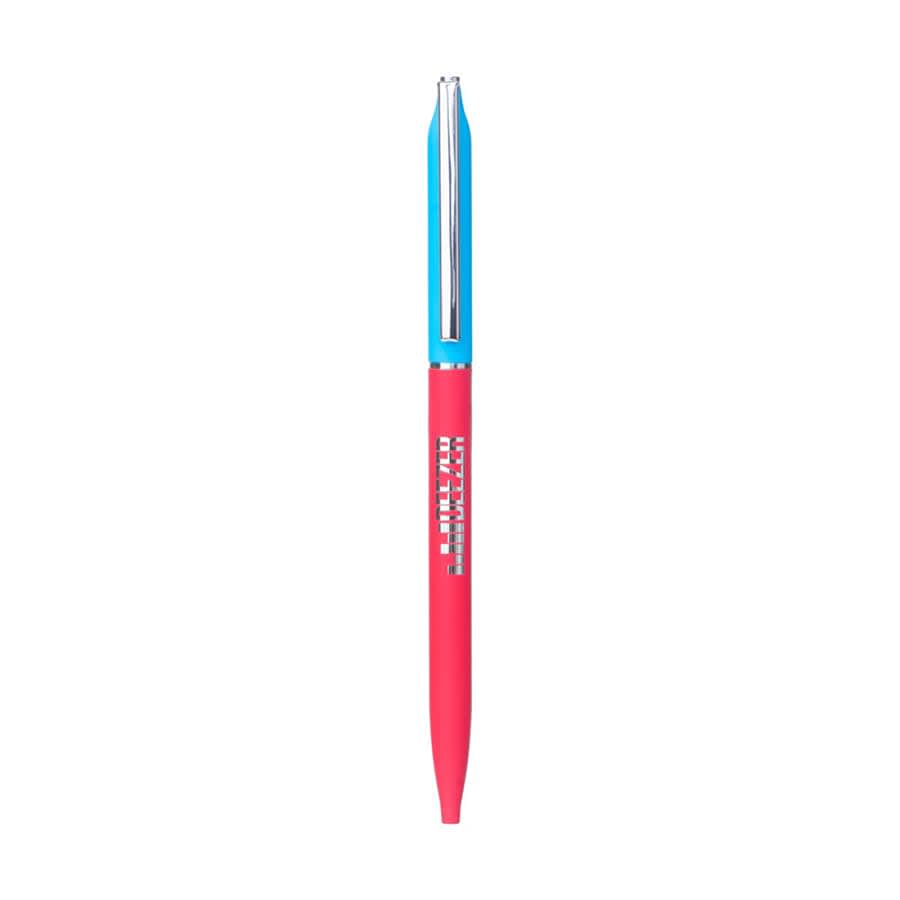 A pink and blue metal ballpoint pen with a logo on the barrel.