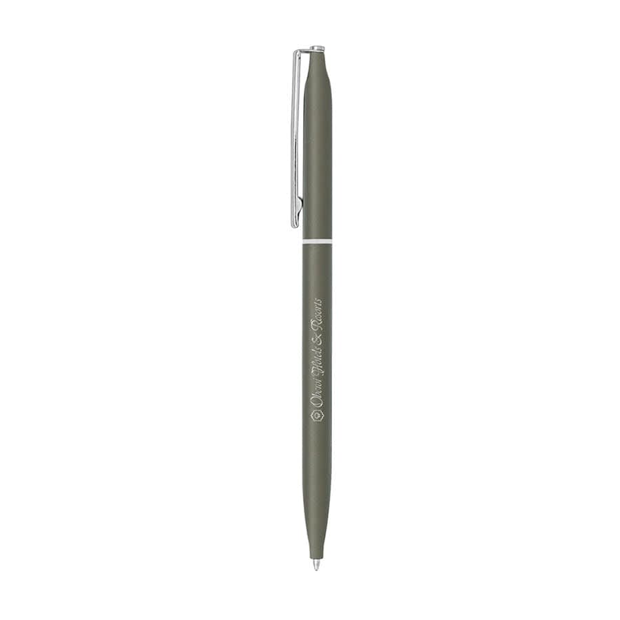 A thin twist metal ball pen in olive green, featuring a silver clip and branding.