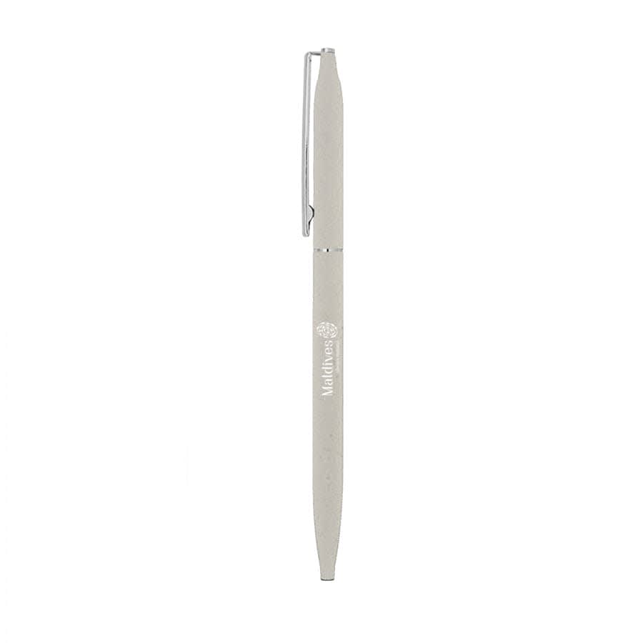 A grey metal ballpoint pen with a thin twist design and a logo.
