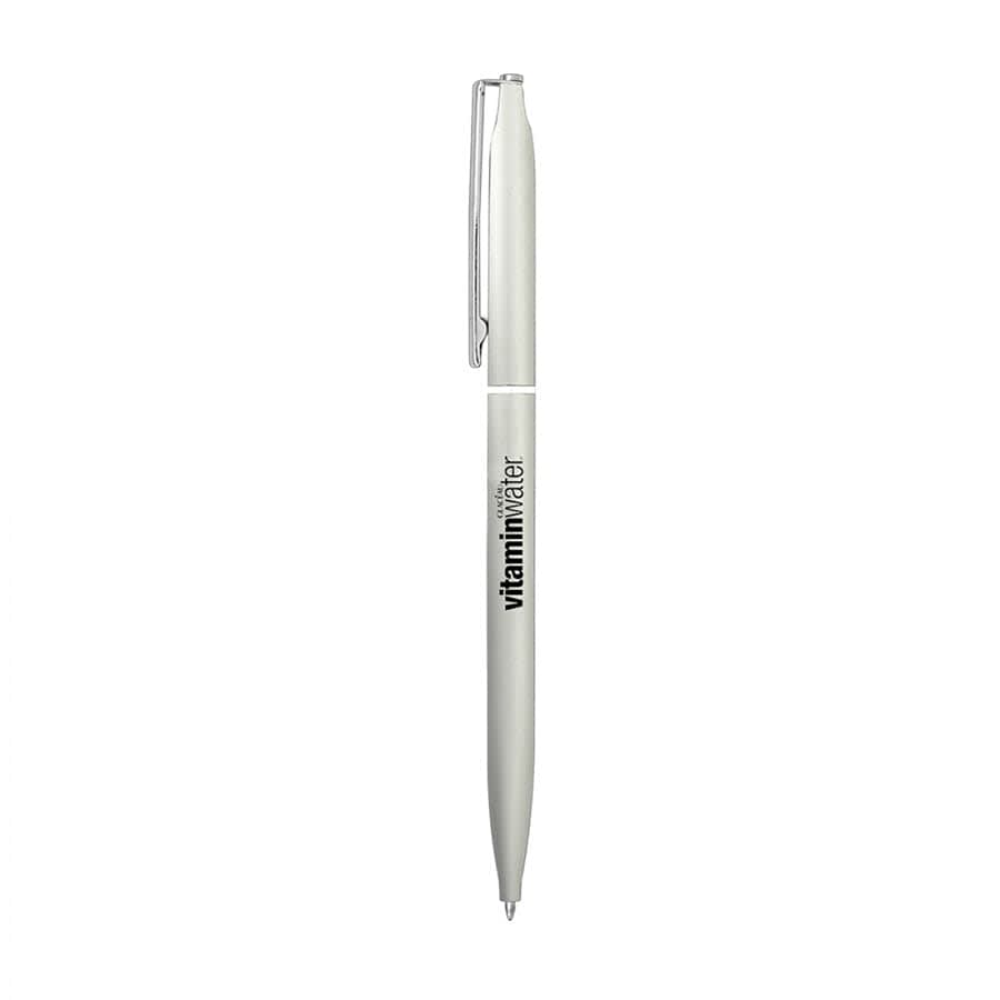 A thin twist metal ball pen in white with a silver clip and a branded logo.