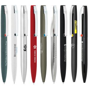 A range of metal ballpoint pens in various colours including green, white, red, navy, and black, featuring clip designs.