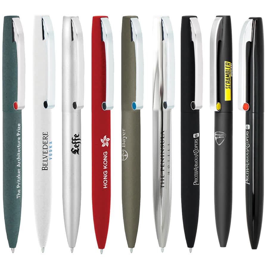 A range of metal ballpoint pens in various colours including green, white, red, navy, and black, featuring clip designs.