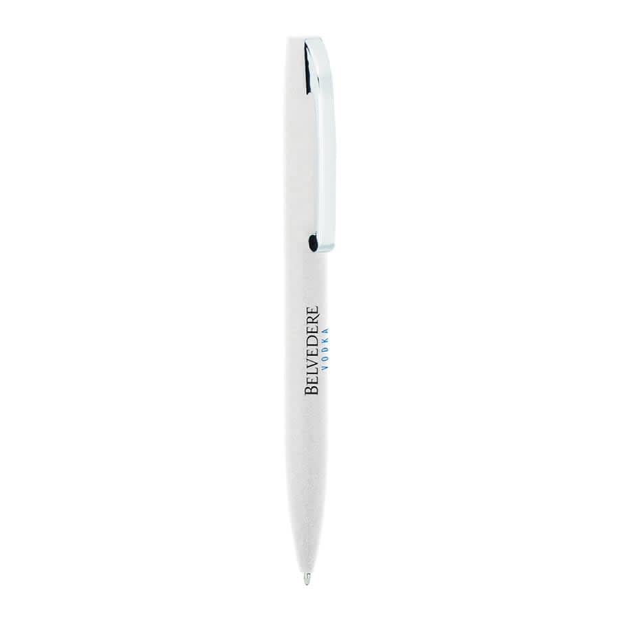 A metal ball pen in white with a light blue clip and a logo on the side.