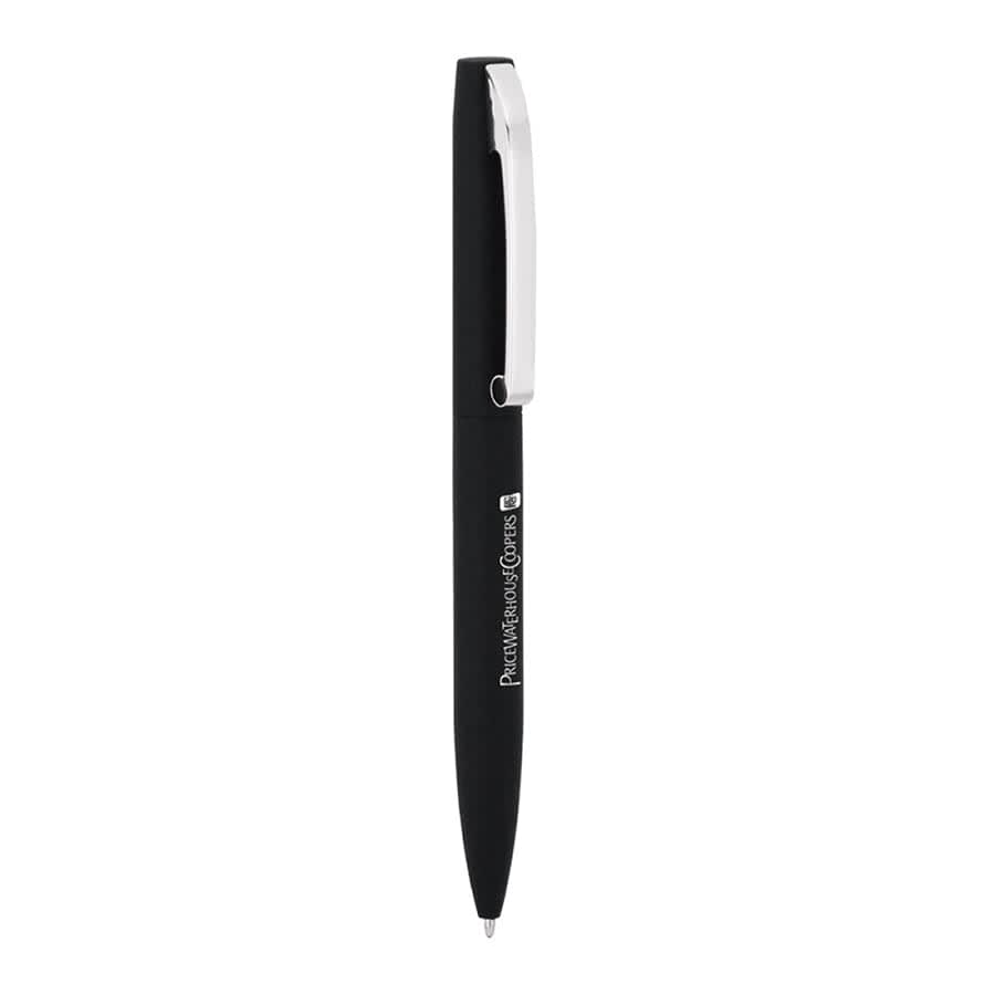 A black metal ballpoint pen with a silver clip and a logo on the barrel.
