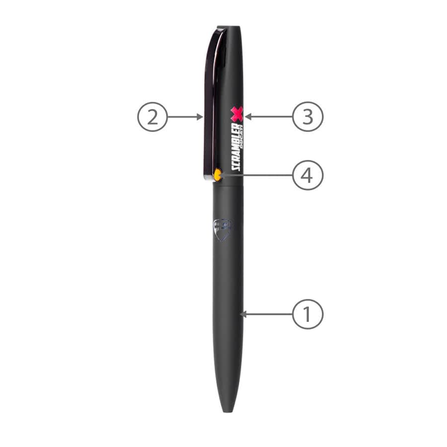 A black metal ball pen featuring a clip and a logo, designed for writing.