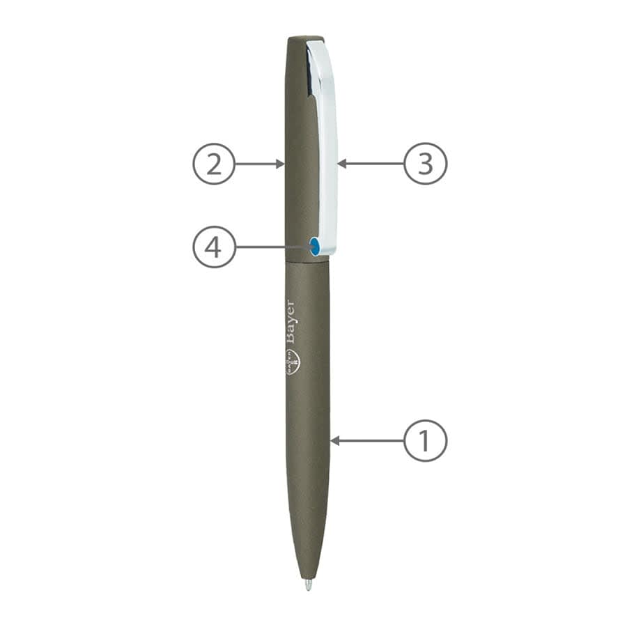 A green metal ballpoint pen with a silver clip and a logo, featuring a twist mechanism for ink.