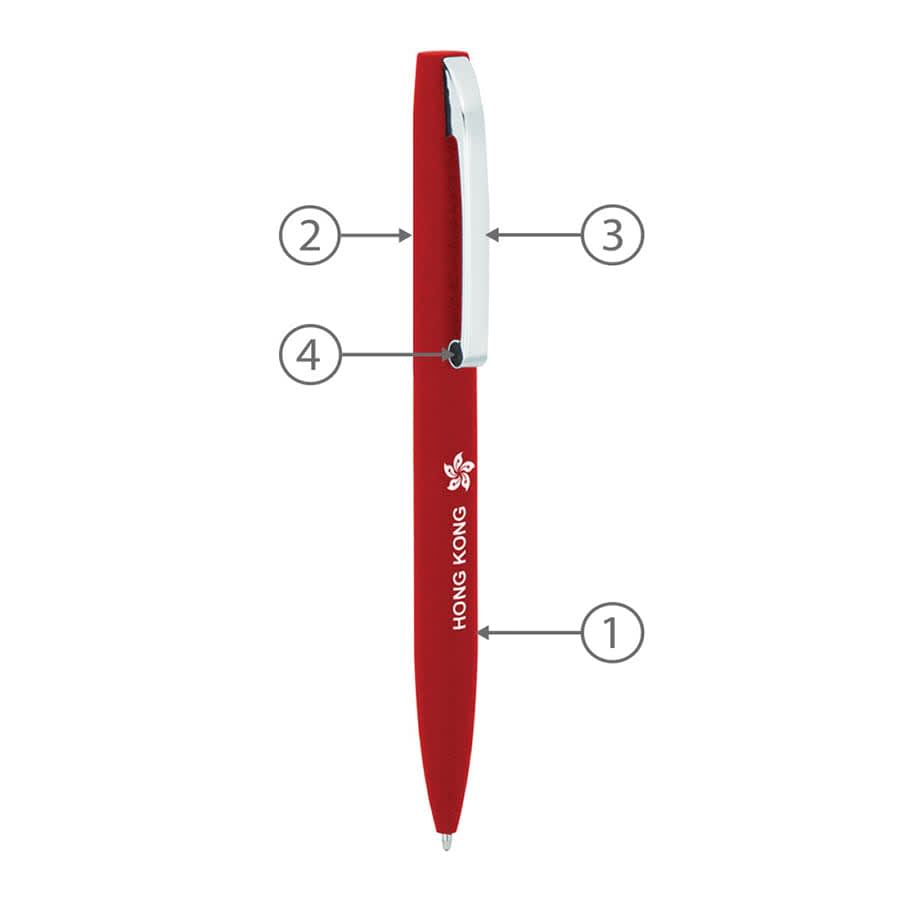 A red metal ballpoint pen with a shiny silver clip and a logo. Features a sleek design suitable for writing.