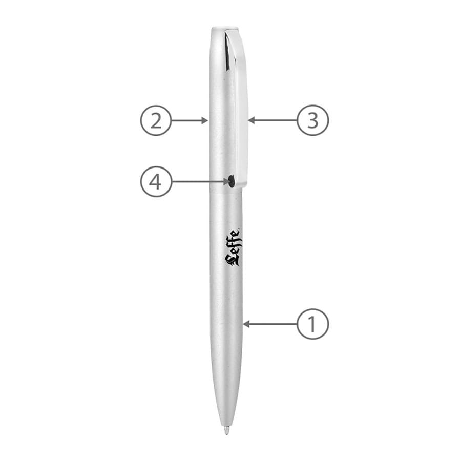 A silver metal ballpoint pen with a sleek design, featuring a clip and a logo.