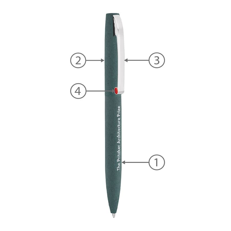 A green metal ballpoint pen featuring a silver clip and a red accent, with a logo on its body.