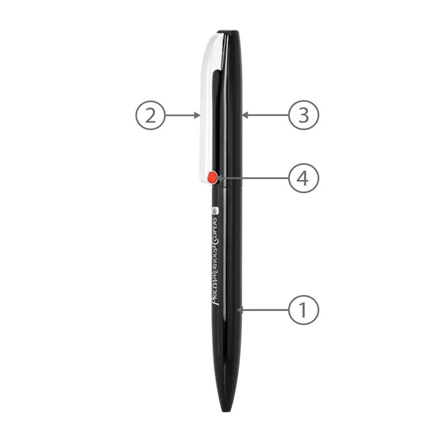 A black metal ball pen with a twist mechanism and a logo. Features a clip and a red accent.