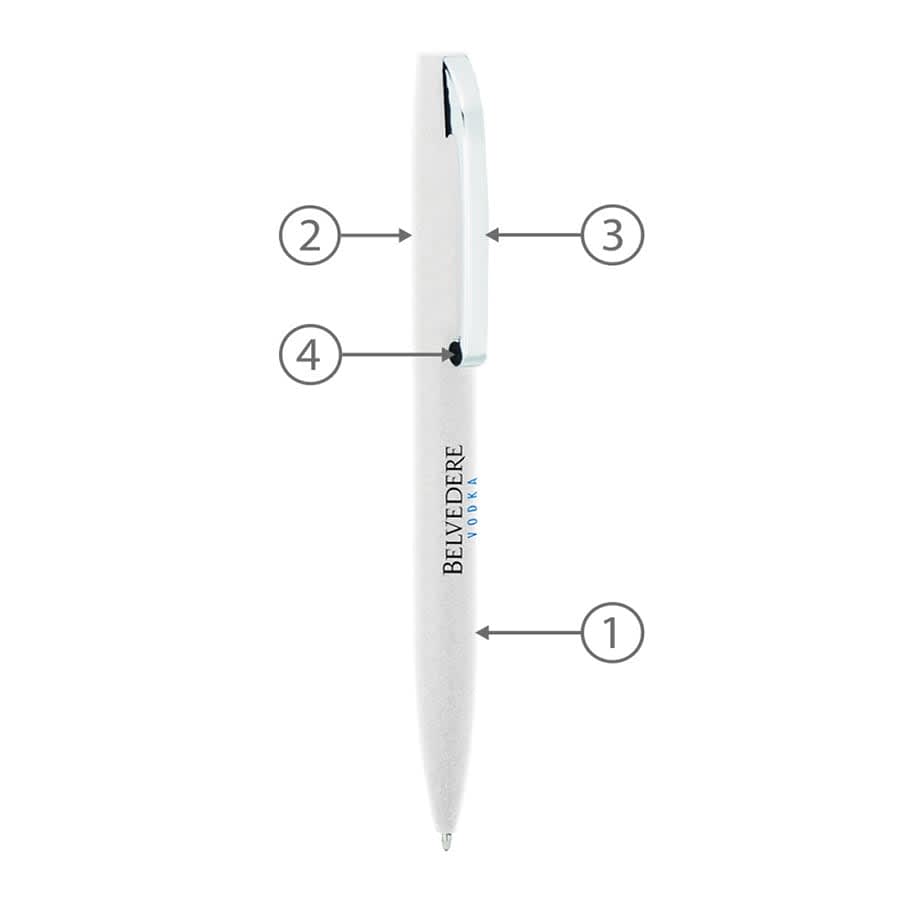 A white metal ballpoint pen with a silver clip and branding, featuring a sleek and modern design.