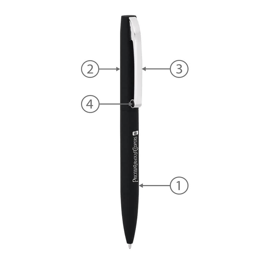 A black metal ballpoint pen with a silver clip and branding, featuring a claw twist mechanism.