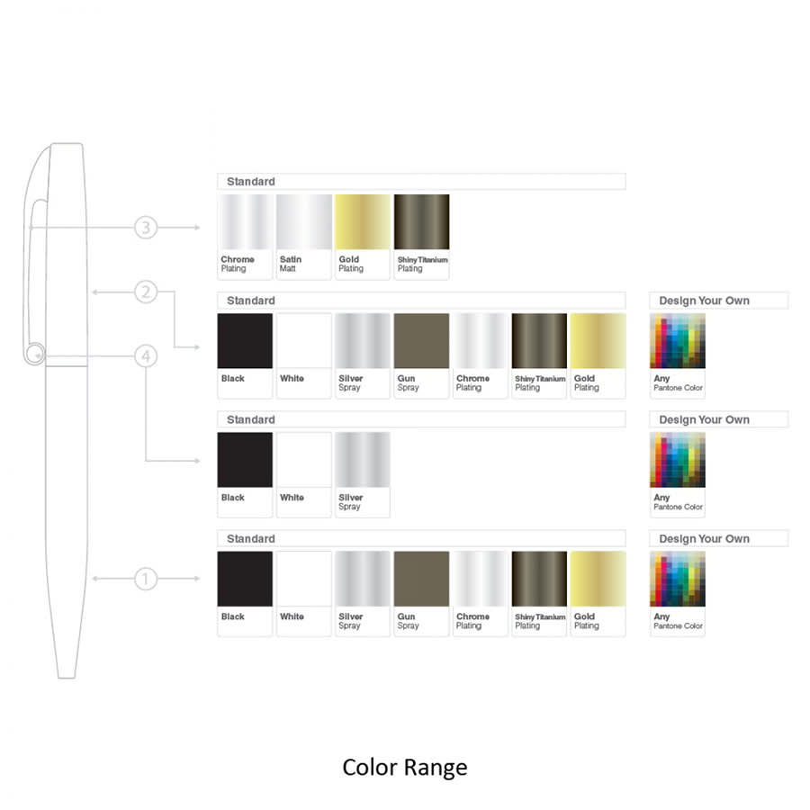 A metal ballpoint pen with a claw twist mechanism, available in various colours including black, silver, and gold, featuring a logo.