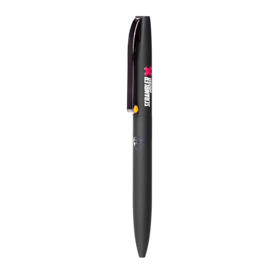 A black metal ballpoint pen with a clip and a branded logo. It features a sleek design suitable for writing.