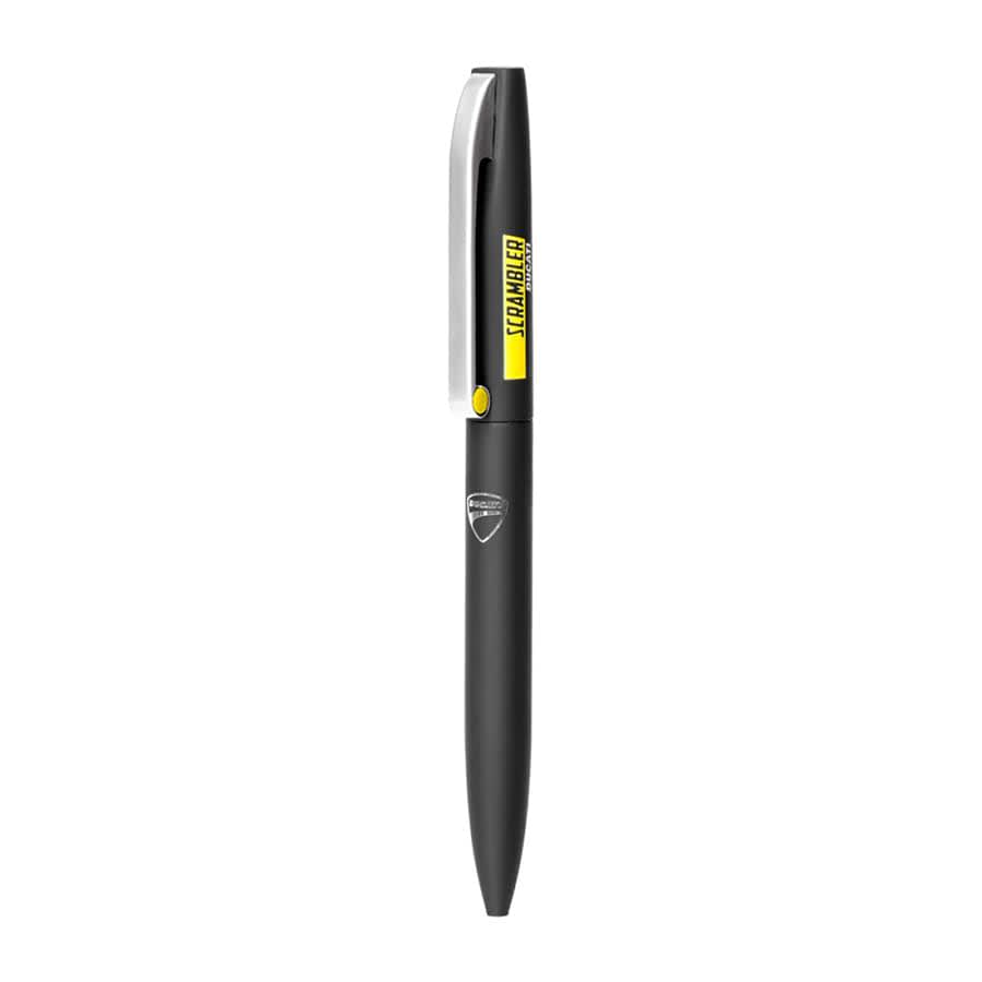 A metal ball pen in black with a silver clip and a yellow accent, featuring a logo.