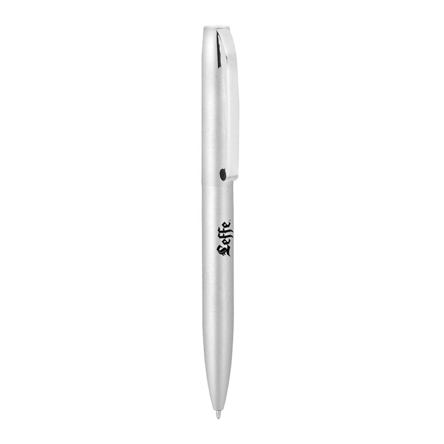 A silver metal ballpoint pen with a sleek design and a clip, featuring a logo.