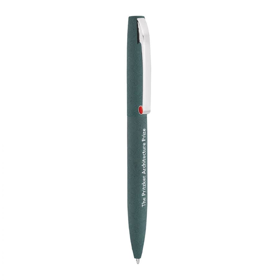 A dark green metal ballpoint pen with a silver clip and a small red accent. It features a branding logo.