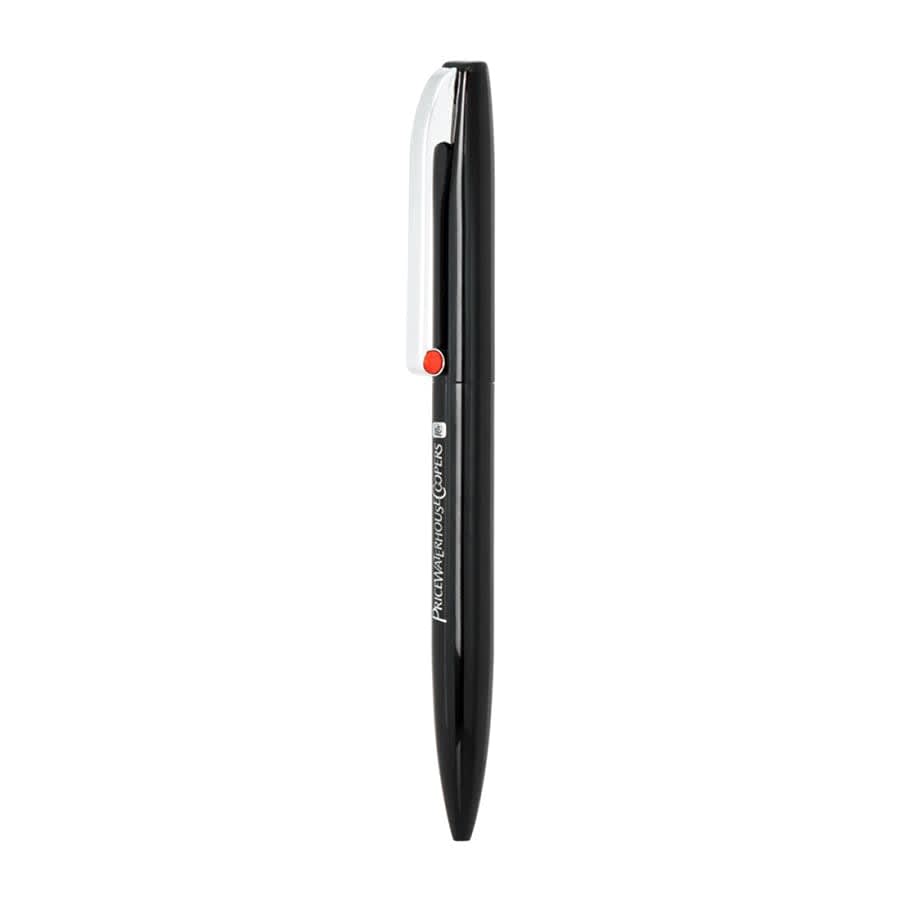 A black metal ballpoint pen with a twist mechanism and a clip, featuring a branding logo.
