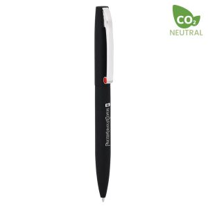 A black metal pen with a white clip and a small red accent, featuring a logo on its body.