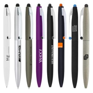 A collection of metal ballpoint pens in various colours, featuring a claw stylus and different logos.