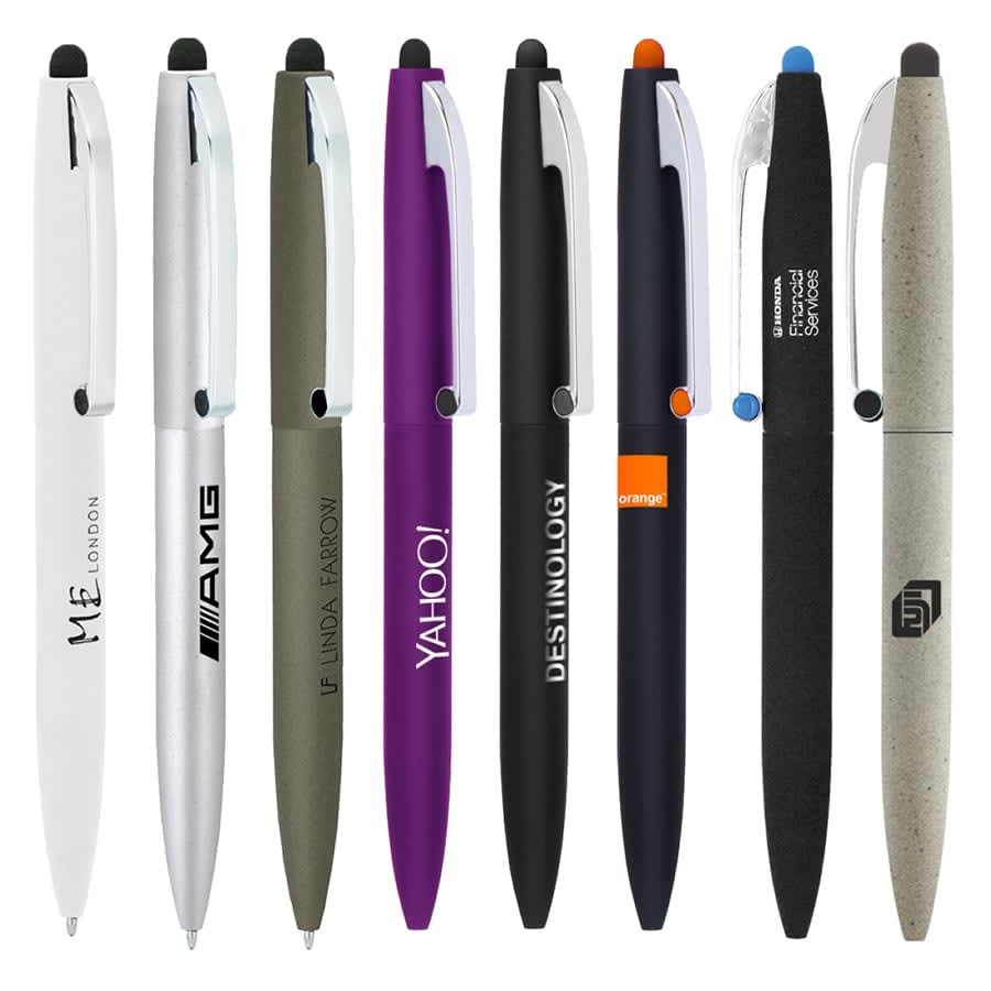 A collection of metal ballpoint pens in various colours, featuring a claw stylus and different logos.