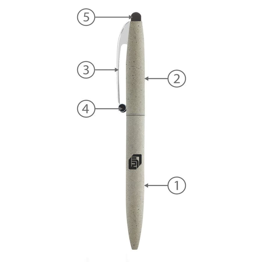 A grey metal ball pen with a twist mechanism and a stylus tip, featuring a logo on the body.