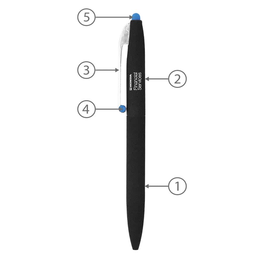 A black metal ball pen with a blue stylus tip and a transparent clip, featuring a logo.
