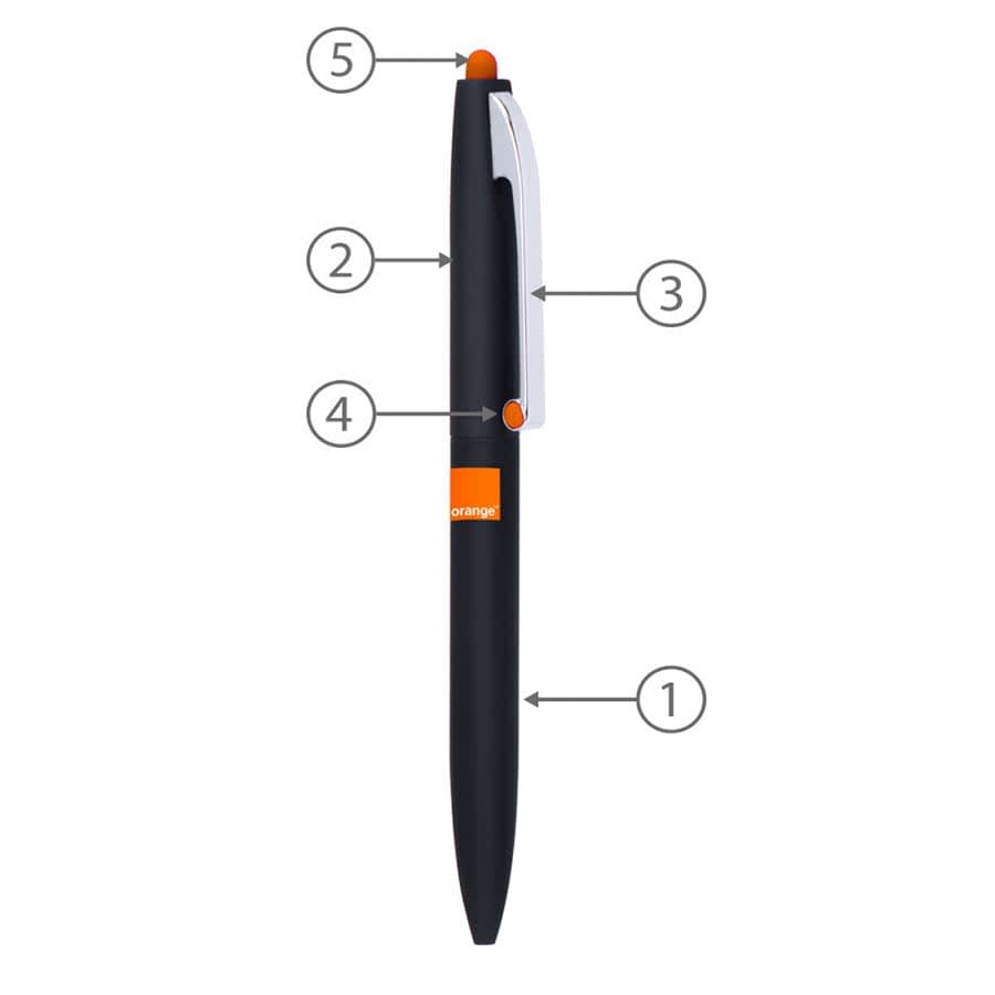A black metal ballpoint pen with an orange accent and clip, featuring a twist mechanism and branding.