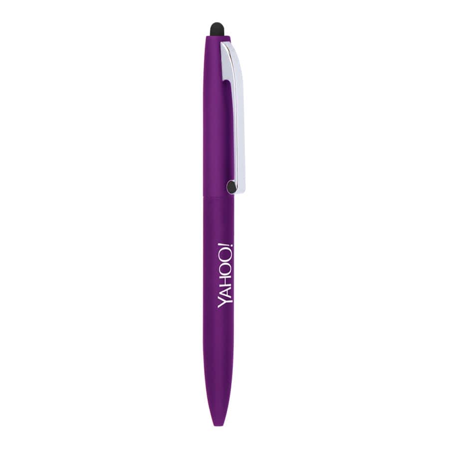 A purple metal ball pen with a sleek design and a stylus tip, featuring a branding logo on its body.