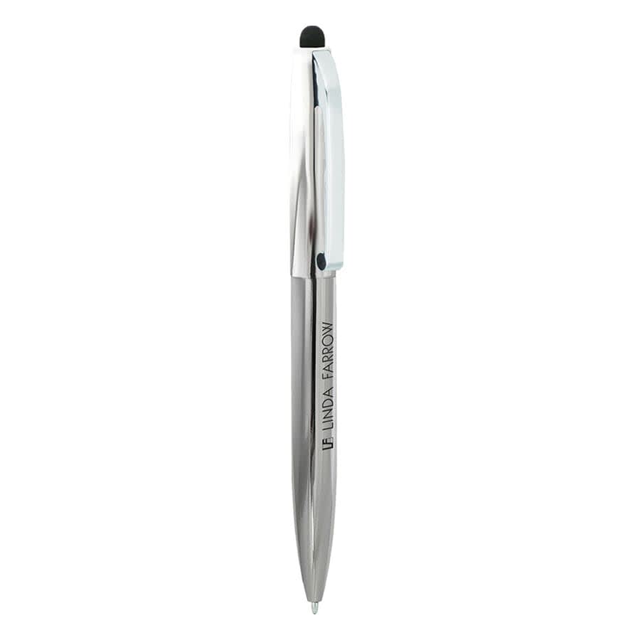 A sleek metal ballpoint pen with a shiny silver body and a black stylus tip. It features a clip and branding.