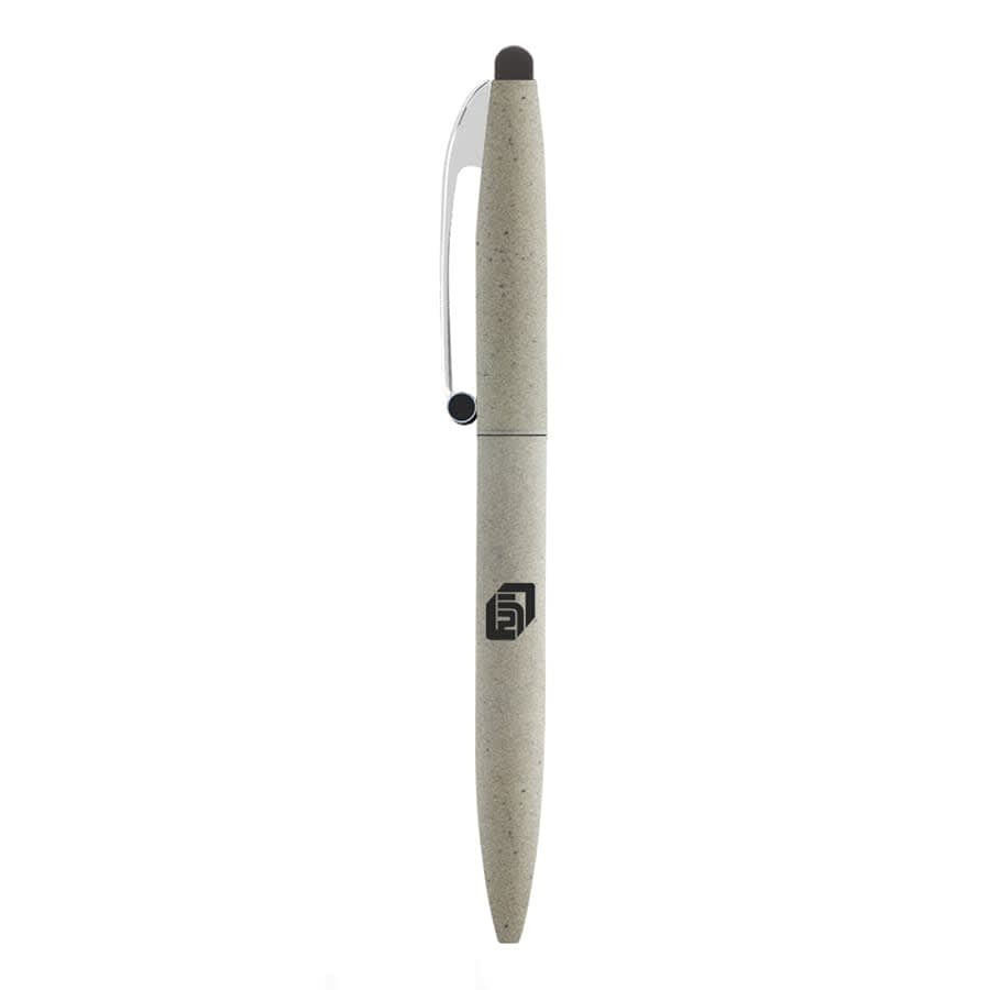 A metal ball pen in grey with a stylus tip and a clip, featuring a logo on the barrel.