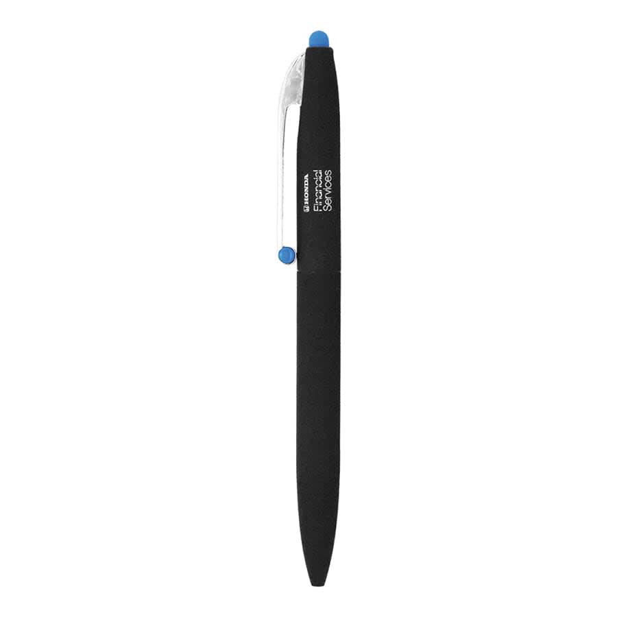 A black metal ballpoint pen with a blue stylus tip and a clear pen clip. The pen features a logo.