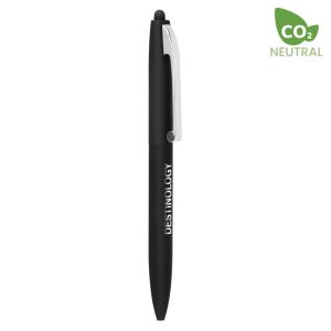 A black stylus pen with a silver clip, featuring a logo on the barrel.