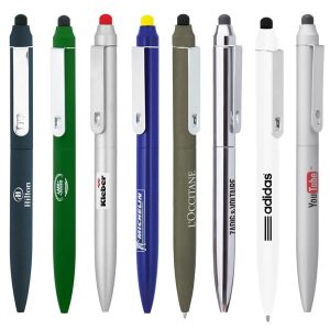 A collection of various metal pens in different colours, featuring branding on some.