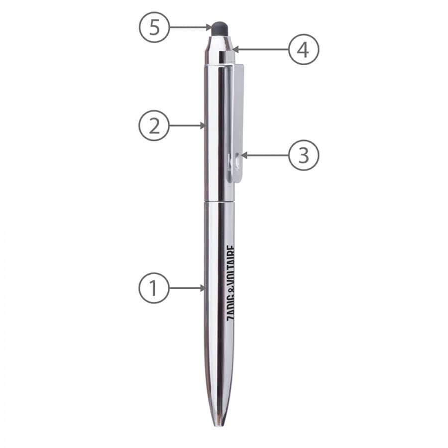 A metal ballpoint pen with a silver finish, featuring a stylus tip and a clip. It has branding on the barrel.