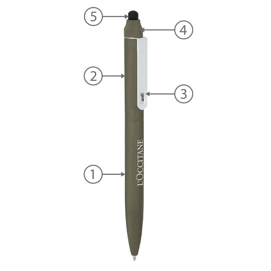 A twist metal ballpoint pen in olive green with a stylus tip and a logo. Features a sleek design with a clip.