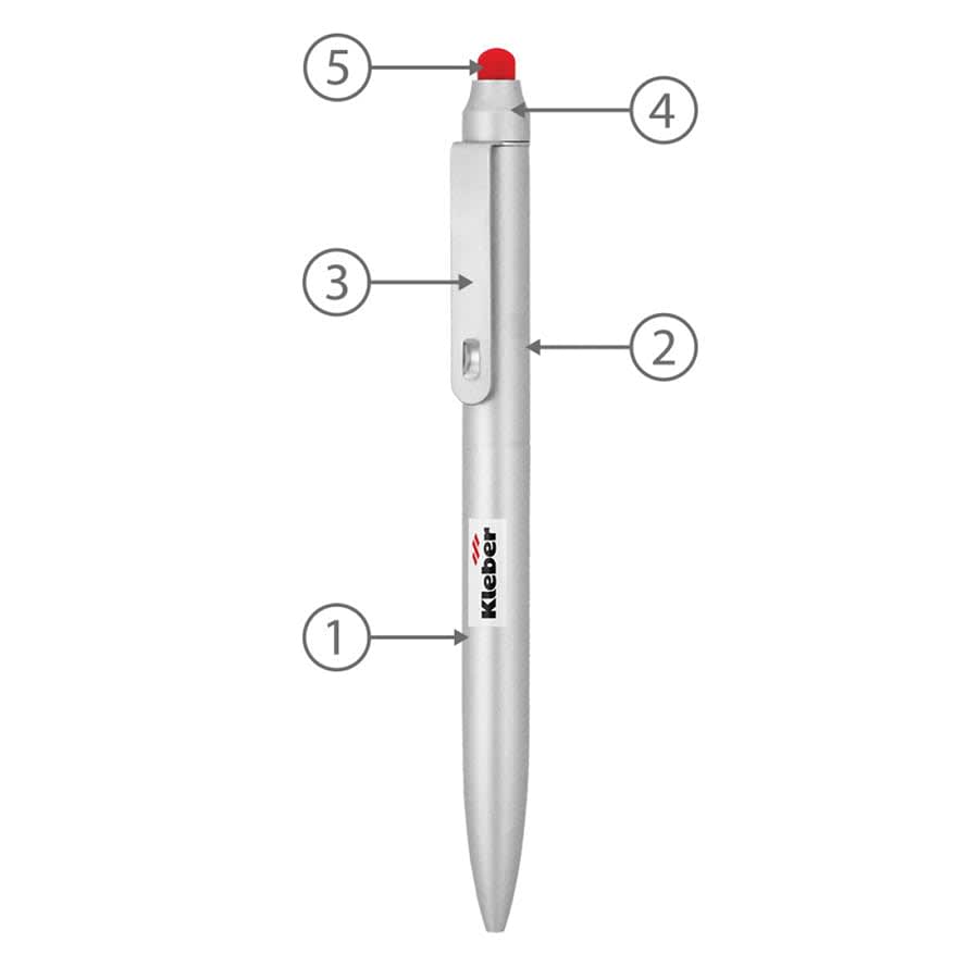 A silver twist metal ballpoint pen with a red stylus tip and a logo on the body.