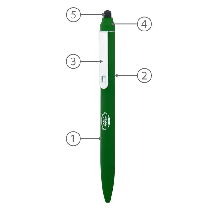 A green metal ballpen with a stylus tip, featuring a slim design and a clip. It includes branding on the body.