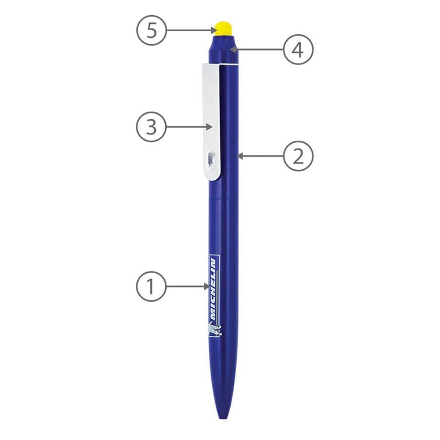 A blue metal ballpoint pen with a stylus tip and a clip, featuring branding.