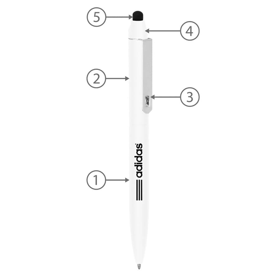 A white metal ballpoint pen with a stylus tip and a clip, featuring a logo.