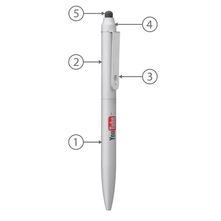 A metal twist ballpoint pen in white with a stylus tip and a clip, featuring a logo.