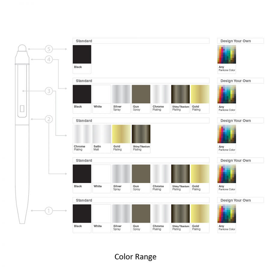 A stylus and twist metal ballpoint pen in various colour options, including black, silver, gold, and white. Features a logo.
