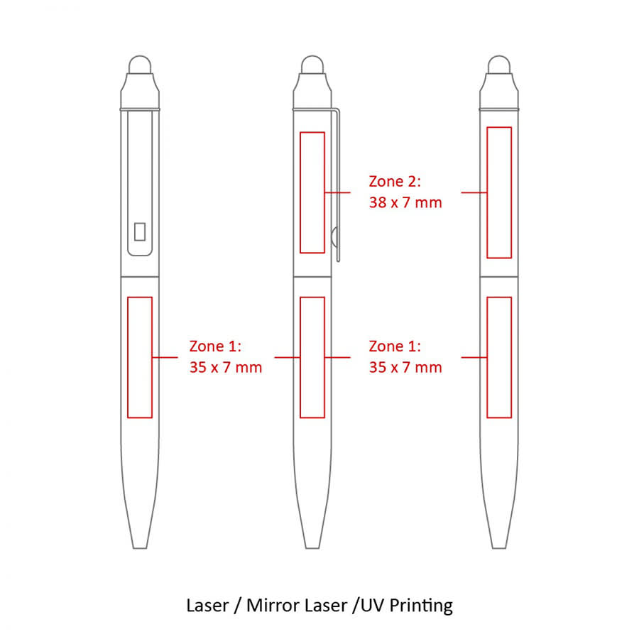 A metal ballpoint pen with a twist mechanism, featuring three zones for custom printing. The pen has a sleek design.